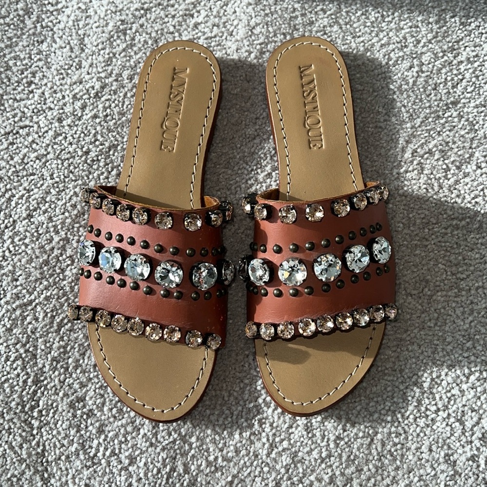 Mystique Jewel Leather Slides Sandals Brown 8